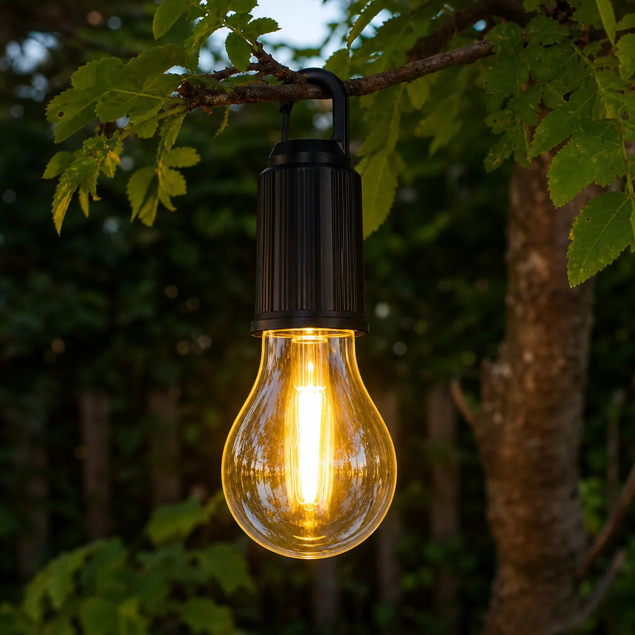 Lampă LED reîncărcabilă agățată într-o grădină