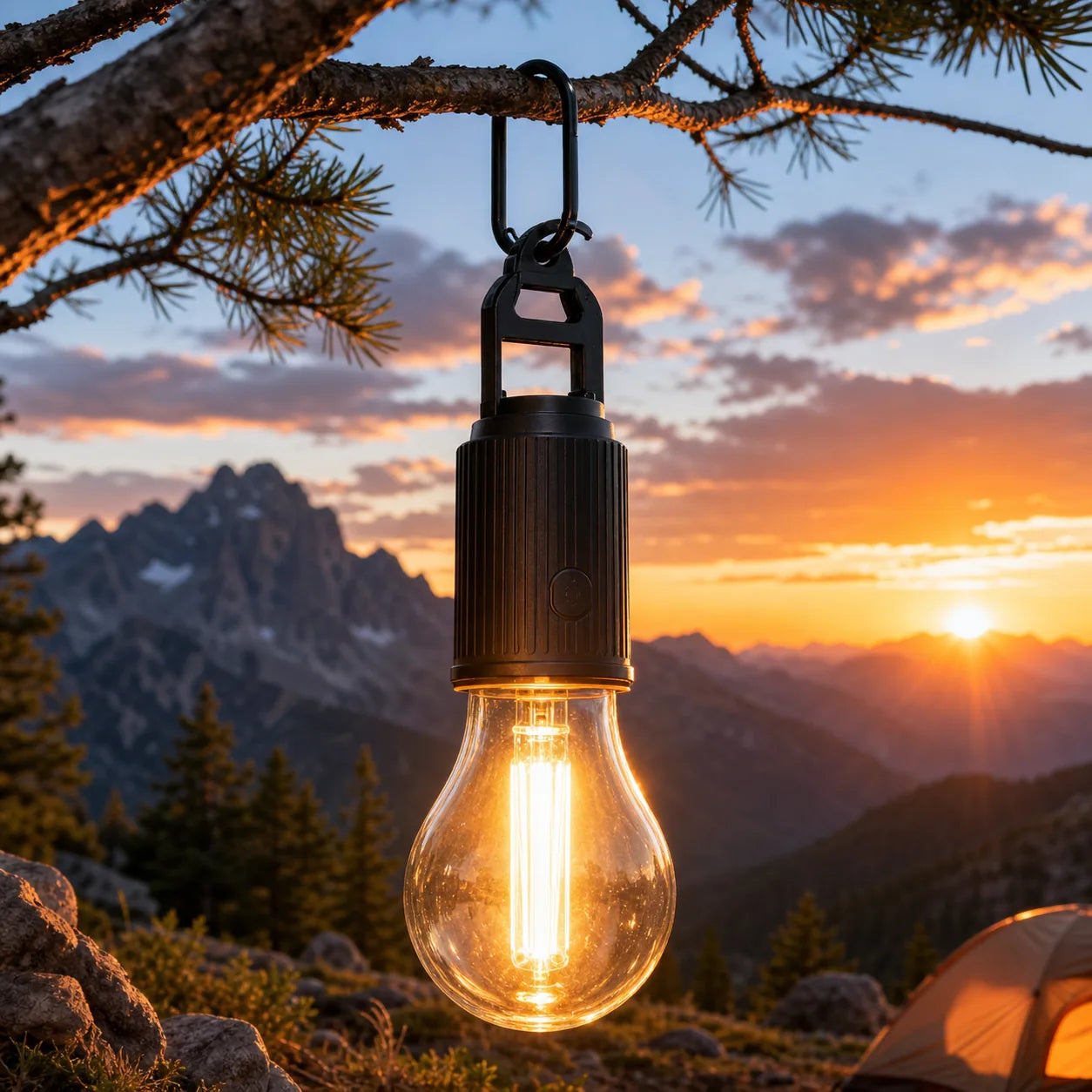 Lampă LED reîncărcabilă agățată în camping la apus